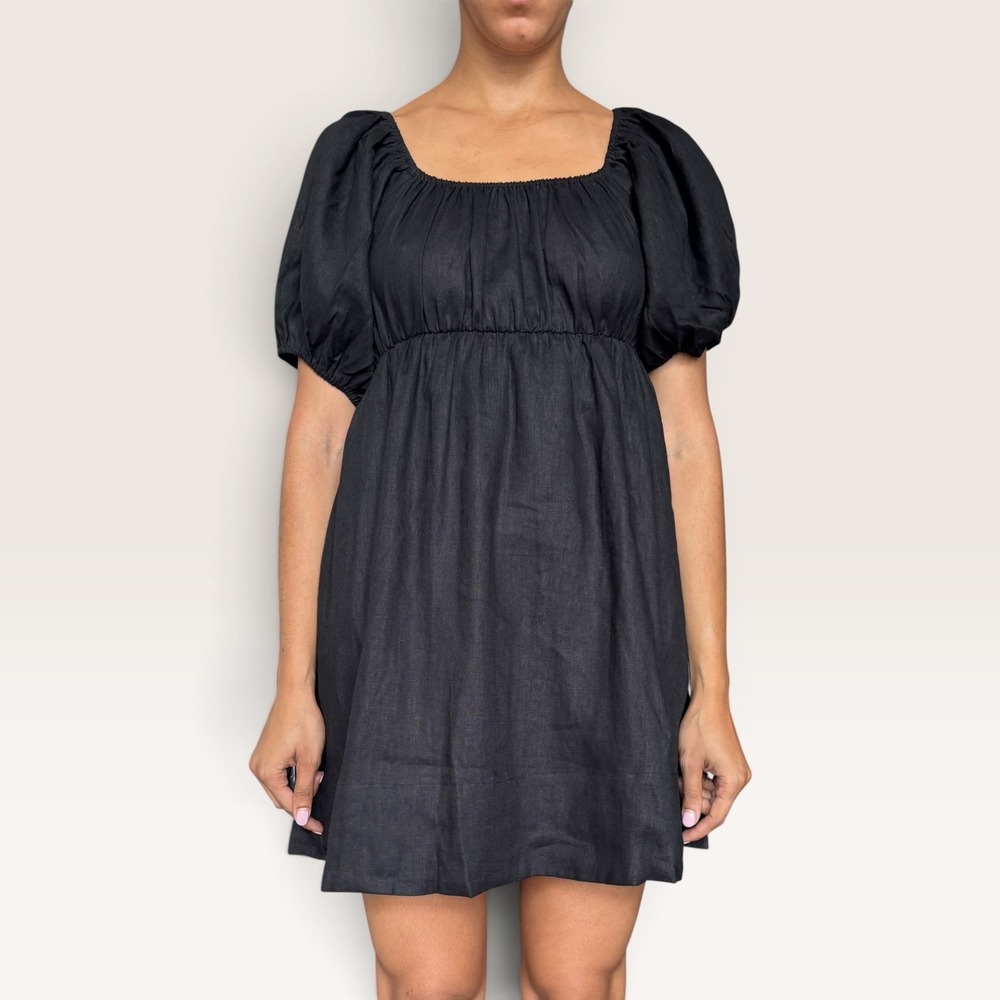 Tuckernuck Pomander Place Ares Puff Sleeve Mini Dress Black Linen Small NWT